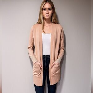NORDSTROM Wool Blend Long Slim Open Cardigan Salmon Knit Sweater Sz S